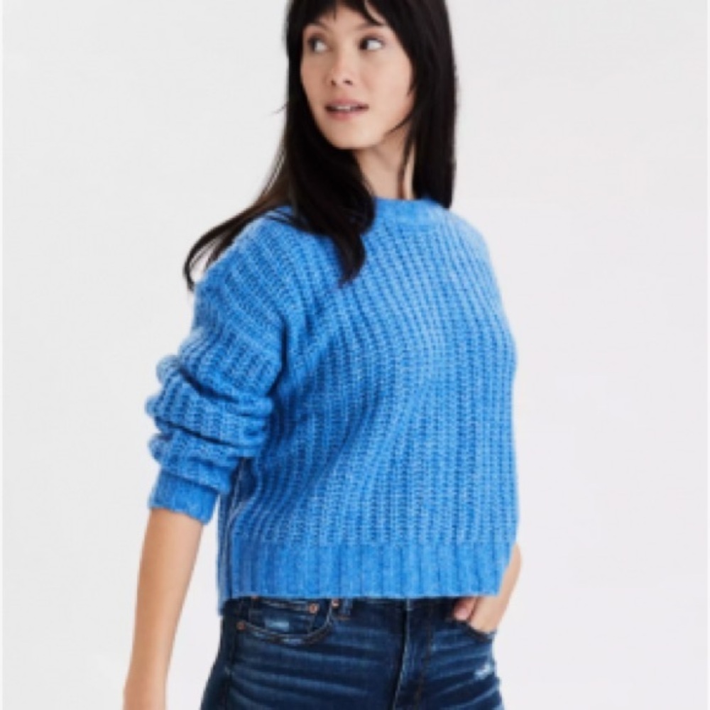 American Eagle Chunky Light Blue Open Knit Soft Winter Sweater EUC Size - XL